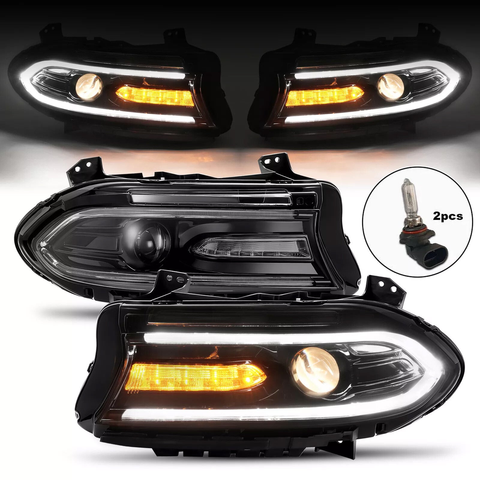Pair LED DRL Projector Headlights Assemblies for Dodge Charger 2015-2023 LH+RH
