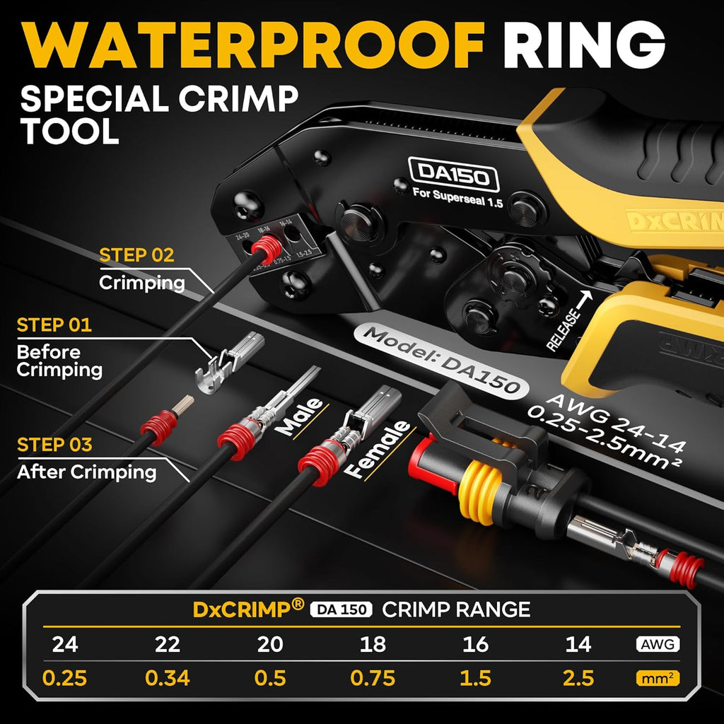 Waterproof Automotive Electrical Connectors Crimping Tool Kit, 1/2/3/4 Pin Waterproof Plugs, Ratchet Crimper for 24–14 AWG Wires, Includes Removal Tools for Car, Truck, RV, Boat Wiring Harness